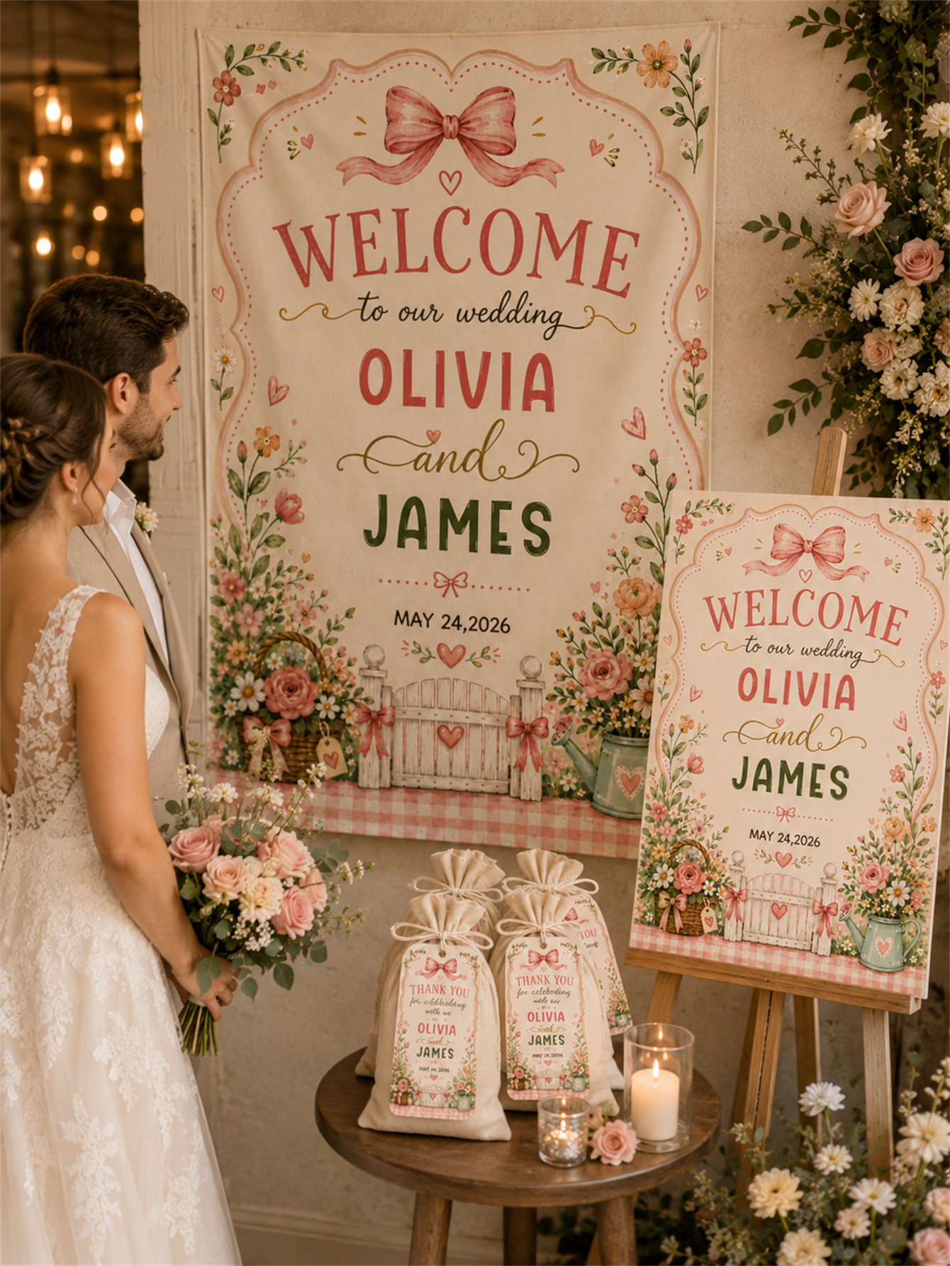 Romantic Garden Country Chic Theme - Watercolor Garden with bow Design - Custom name and date
